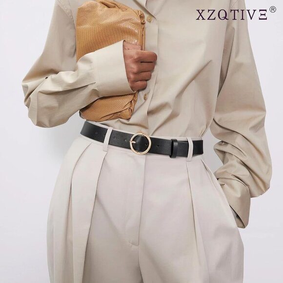 Women Leather Belt with Circle Gold Buckle Fashion Ladies Waist Belt Black Gold main image 6